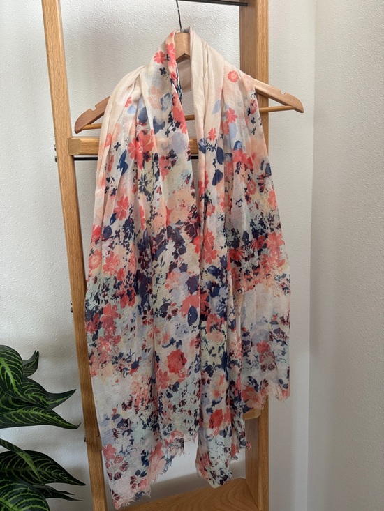Accessories - Lightweight Floral Scarf - Cream with Coral & Navy Accents
